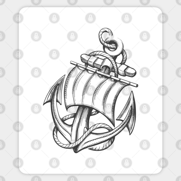 Ship Anchor with Sail and Ropes Tattoo drawn in Engraving Style. Sticker by devaleta